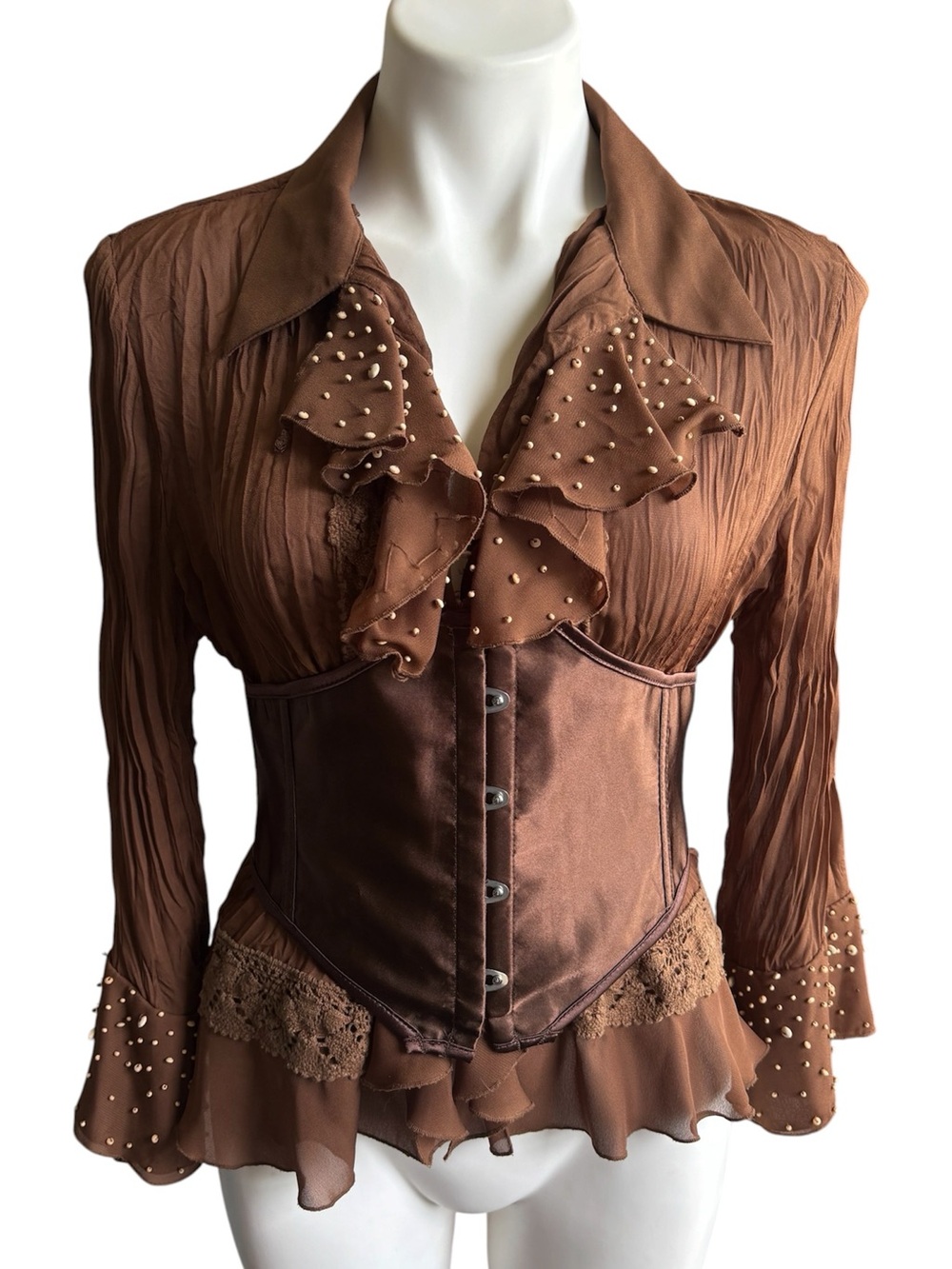 VTG 90s Brown Embellished Ruffle Blouse Lace Crochet Beads Fairy Grunge Whimsy